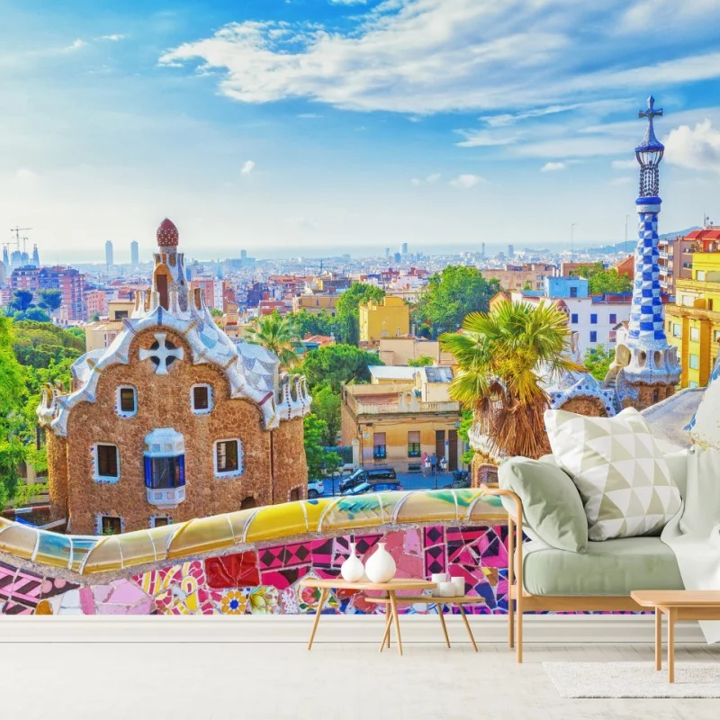 Papier peint panorama coloré du Parc Güell à Barcelone
