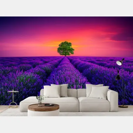 Papier peint champ de lavande et arbre solitaire au coucher de soleil – Wallnifity®