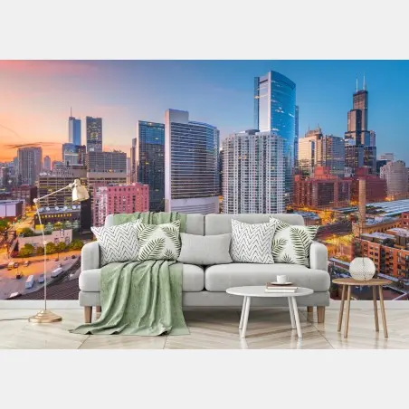 Papier peint horizon urbain de Chicago au crépuscule – Wallnifity®