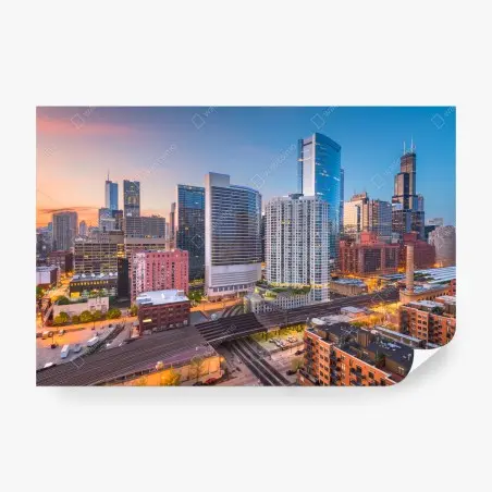 Papier peint horizon urbain de Chicago au crépuscule – Wallnifity®