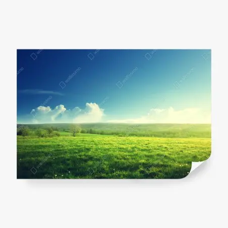 Papier peint coucher de soleil printanier sur une prairie verdoyante – Wallnifity®