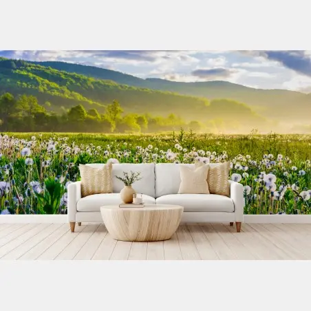 Papier peint pissenlits et brume matinale en montagne – Wallnifity®