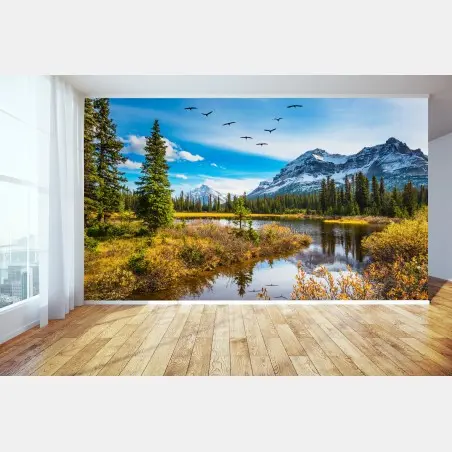 Papier peint reflets d'oiseaux sur le lac des Rocheuses – Wallnifity®