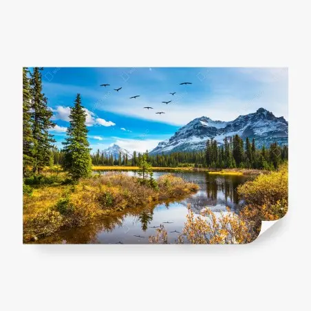 Papier peint reflets d'oiseaux sur le lac des Rocheuses – Wallnifity®