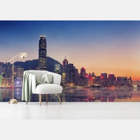 Papier peint panorama urbain de Hong Kong au crépuscule – Wallnifity®