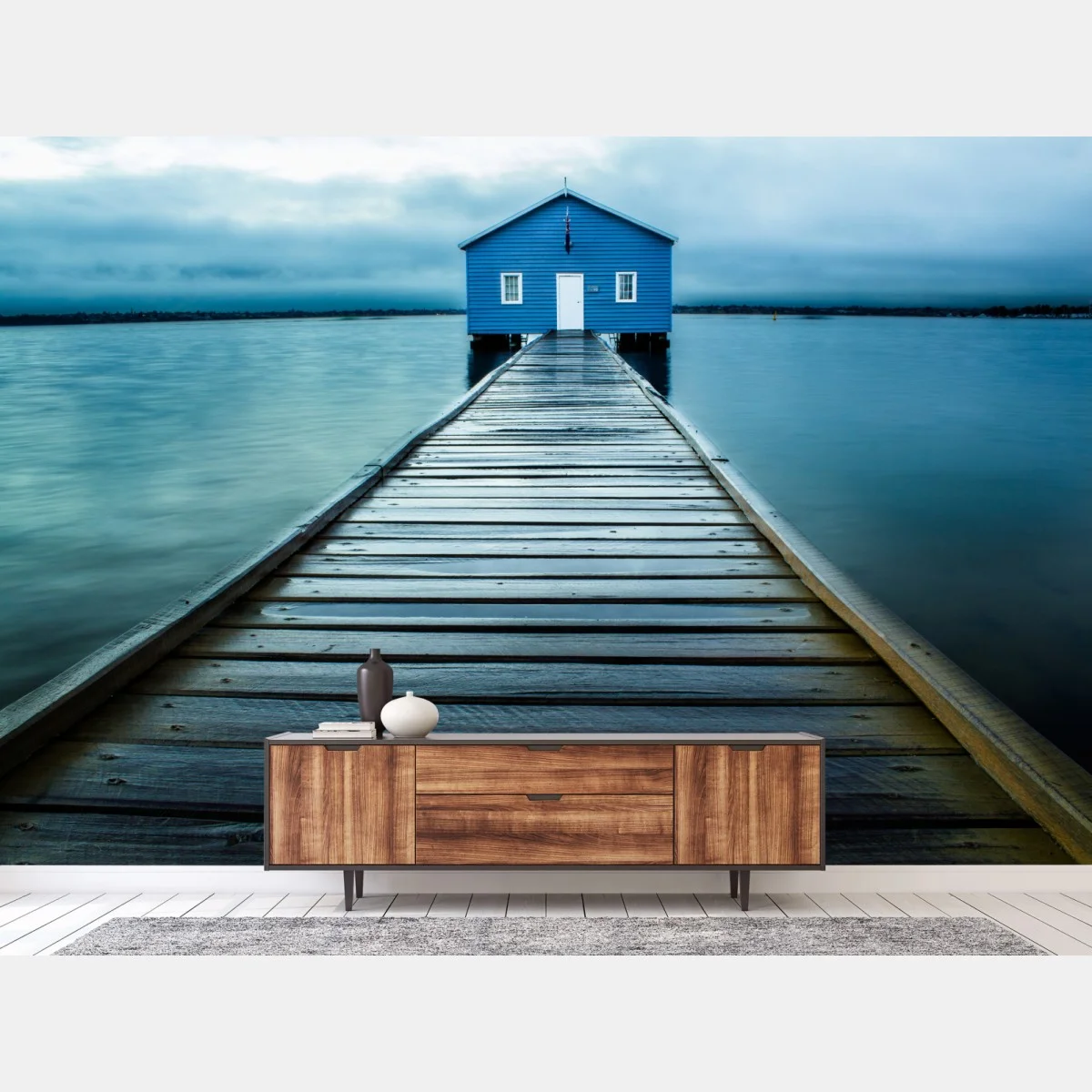 Papier peint maisonnette bleue au bout de la jetée – Wallnifity® Papier peint maisonnette bleue au bout de la jetée – Wallnifity®