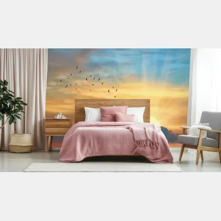 Papier peint aube dorée et envol d'oiseaux – Wallnifity®