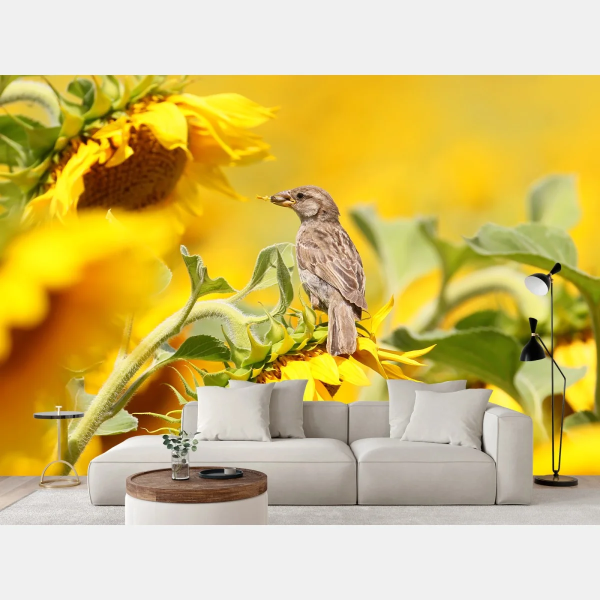 Papier peint moineau sur tournesol lumineux – Wallnifity® Papier peint moineau sur tournesol lumineux – Wallnifity®