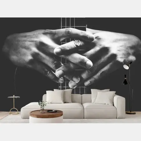 Papier peint mains posées sur le manche de guitare en noir et blanc – Wallnifity®