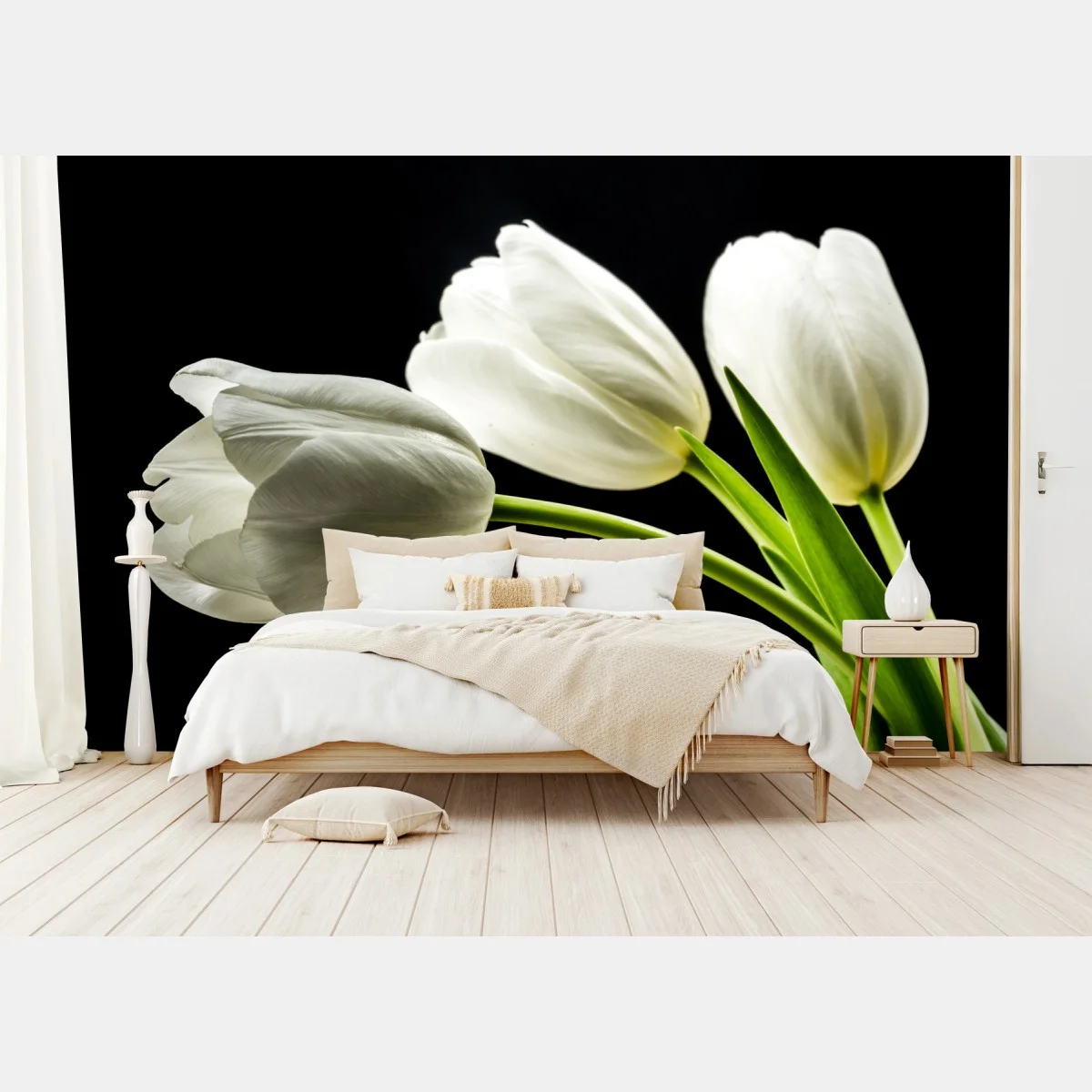 Papier peint tulipes blanches élégantes sur fond noir – Wallnifity® Papier peint tulipes blanches élégantes sur fond noir – Wallnifity®