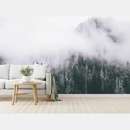 Papier peint forêt brumeuse en noir et blanc – Wallnifity®
