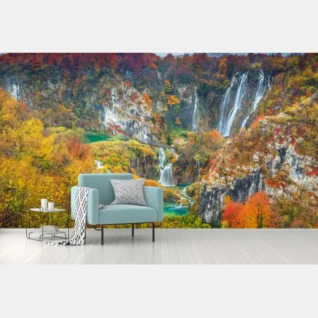 Papier peint cascade d'automne et lacs émeraude – Wallnifity®