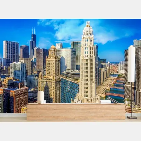 Papier peint panorama urbain de Chicago au bord de la rivière – Wallnifity®