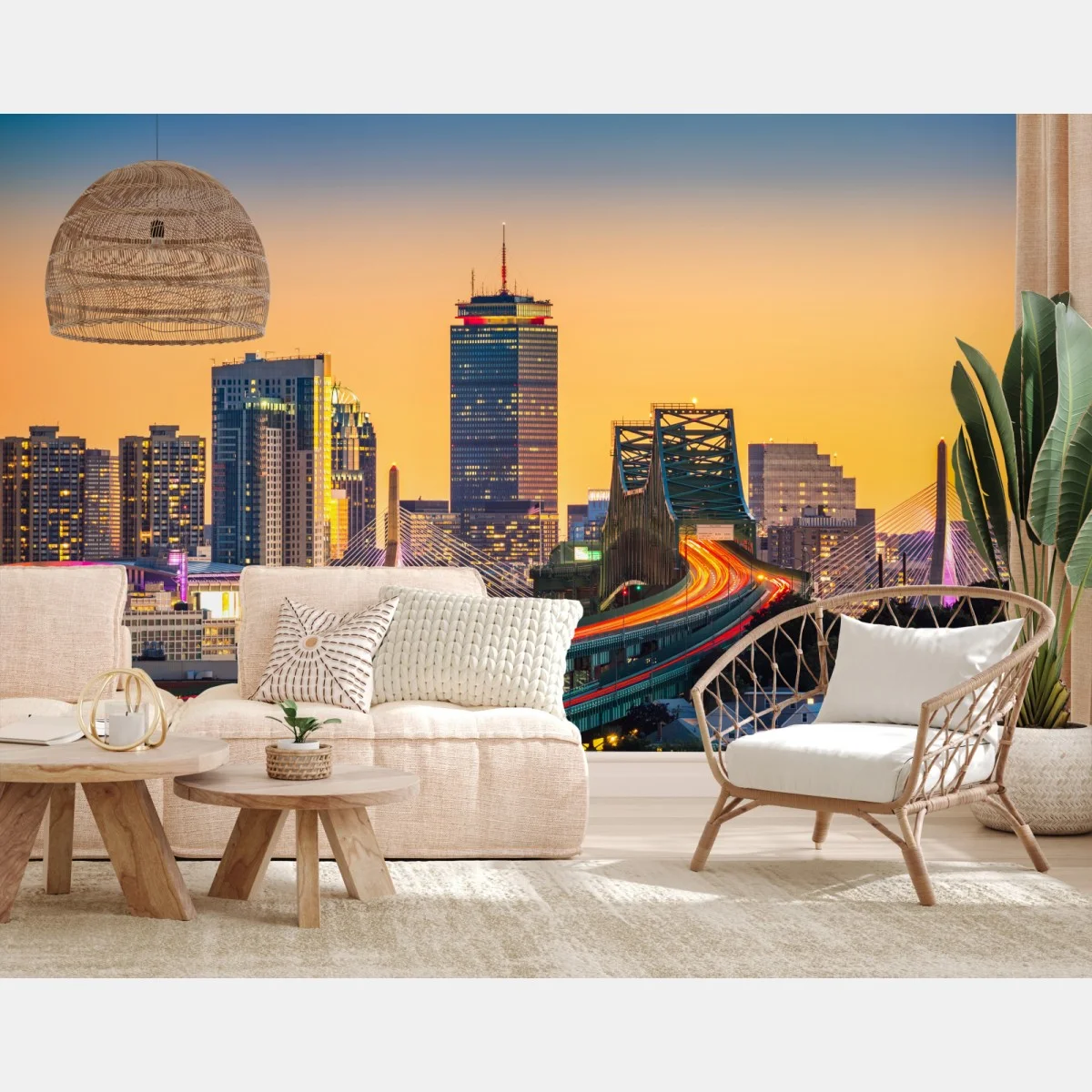 Papier peint coucher de soleil sur Boston : pont Tobin et pont Zakim en lumière – Wallnifity® Papier peint coucher de soleil sur Boston : pont Tobin et pont Zakim en lumière – Wallnifity®