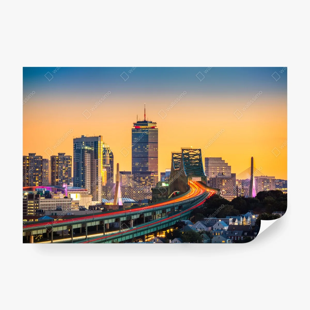 Papier peint coucher de soleil sur Boston : pont Tobin et pont Zakim en lumière – Wallnifity® Papier peint coucher de soleil sur Boston : pont Tobin et pont Zakim en lumière – Wallnifity®