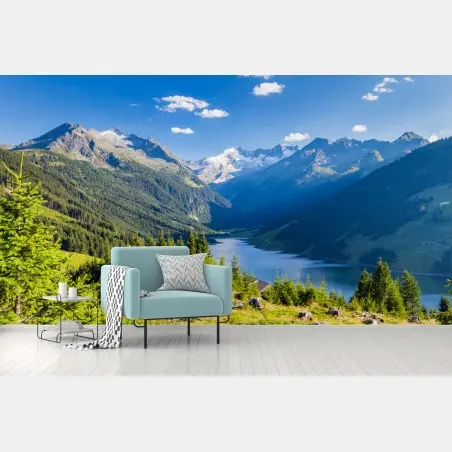Papier peint panorama alpin du lac et des sommets – Wallnifity®