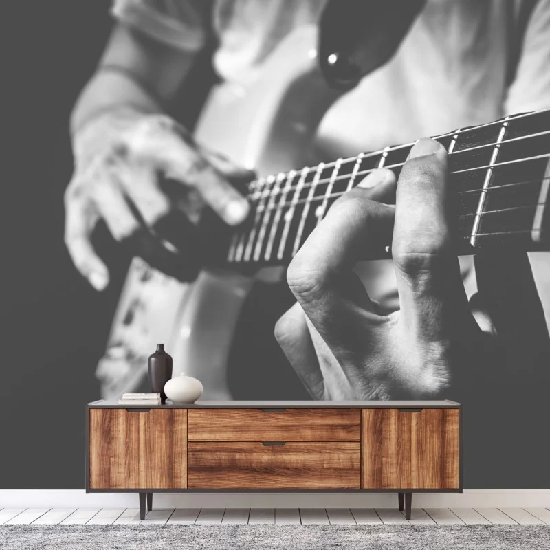Papier peint mains de guitariste en gros plan noir et blanc – Wallnifity®