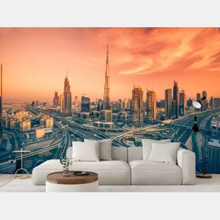 Papier peint coucher de soleil sur Dubaï : panorama urbain spectaculaire – Wallnifity®