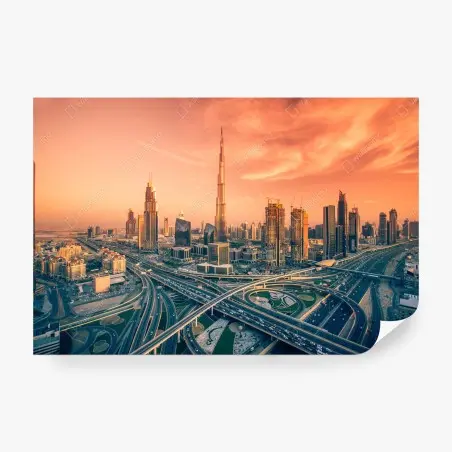 Papier peint coucher de soleil sur Dubaï : panorama urbain spectaculaire – Wallnifity®