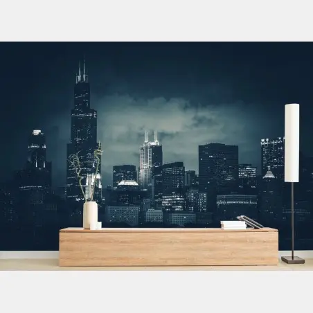 Papier peint silhouette nocturne de Chicago en bleu profond – Wallnifity®