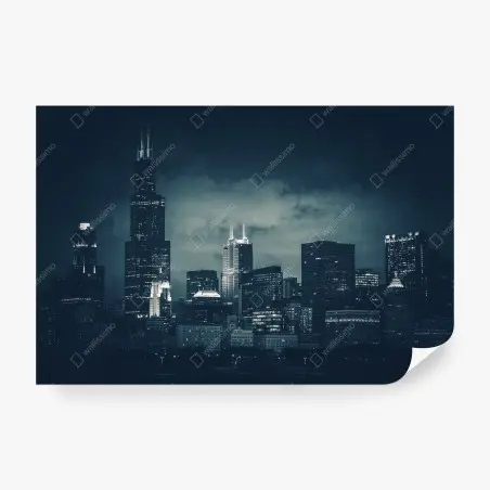 Papier peint silhouette nocturne de Chicago en bleu profond – Wallnifity®