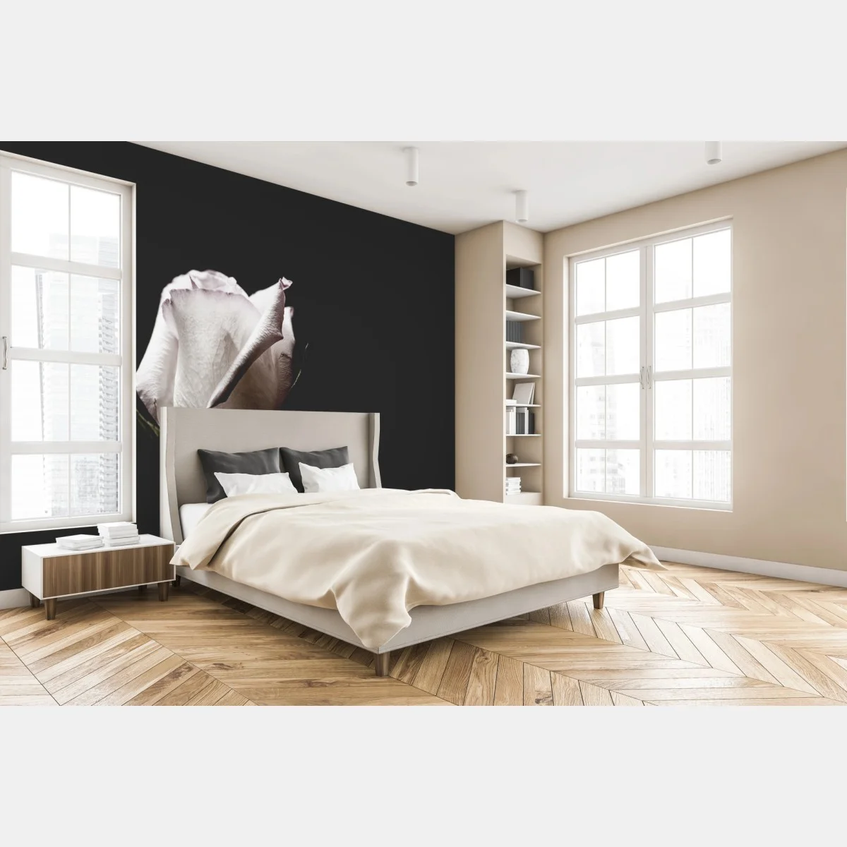 Papier peint rose blanche en gros plan sur fond noir – Wallnifity® Papier peint rose blanche en gros plan sur fond noir – Wallnifity®