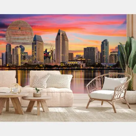 Papier peint coucher de soleil sur San Diego, skyline réfléchie – Wallnifity®