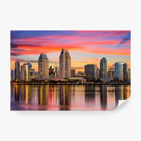 Papier peint coucher de soleil sur San Diego, skyline réfléchie – Wallnifity®