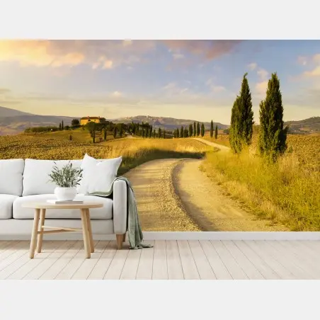 Papier peint chemin de campagne en Toscane au coucher du soleil – Wallnifity®