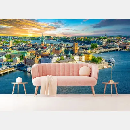 Papier peint panorama coloré de Stockholm au crépuscule – Wallnifity®