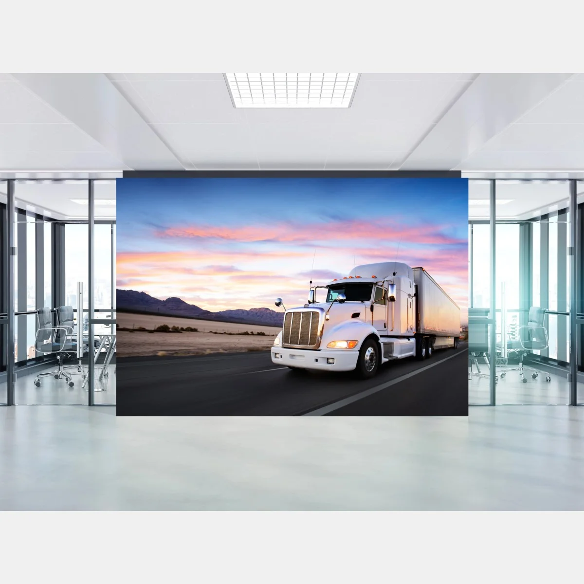 Papier peint camion blanc au crépuscule sur l'autoroute – Wallnifity® Papier peint camion blanc au crépuscule sur l'autoroute – Wallnifity®