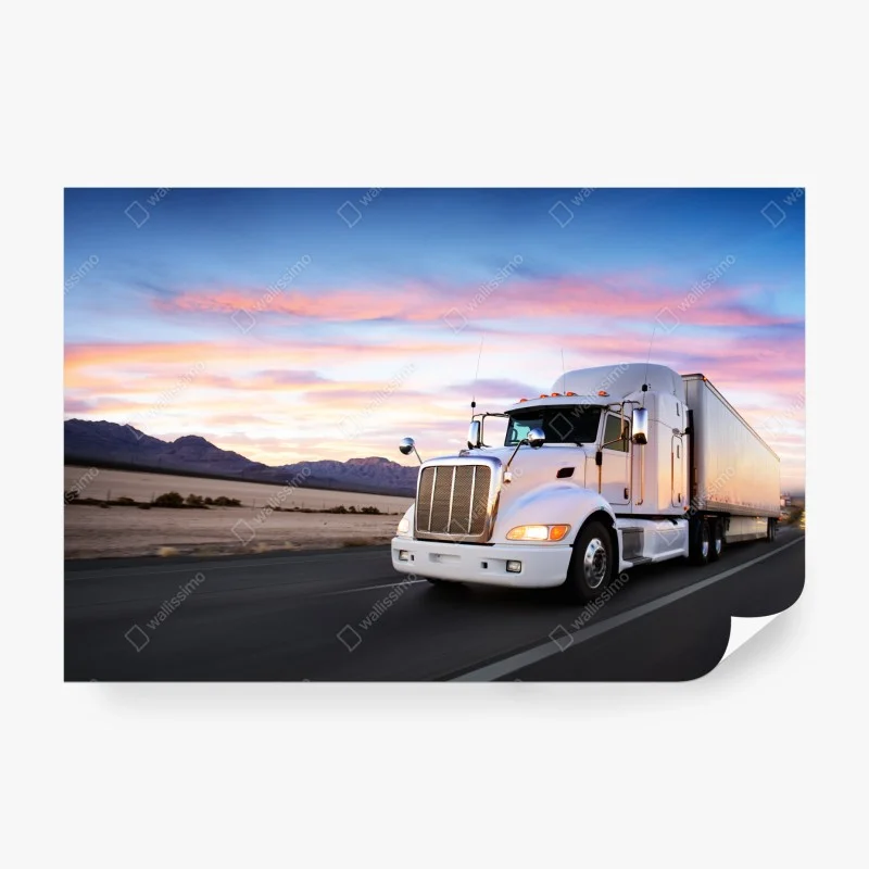 Papier peint camion blanc au crépuscule sur l'autoroute – Wallnifity® Papier peint camion blanc au crépuscule sur l'autoroute – Wallnifity®