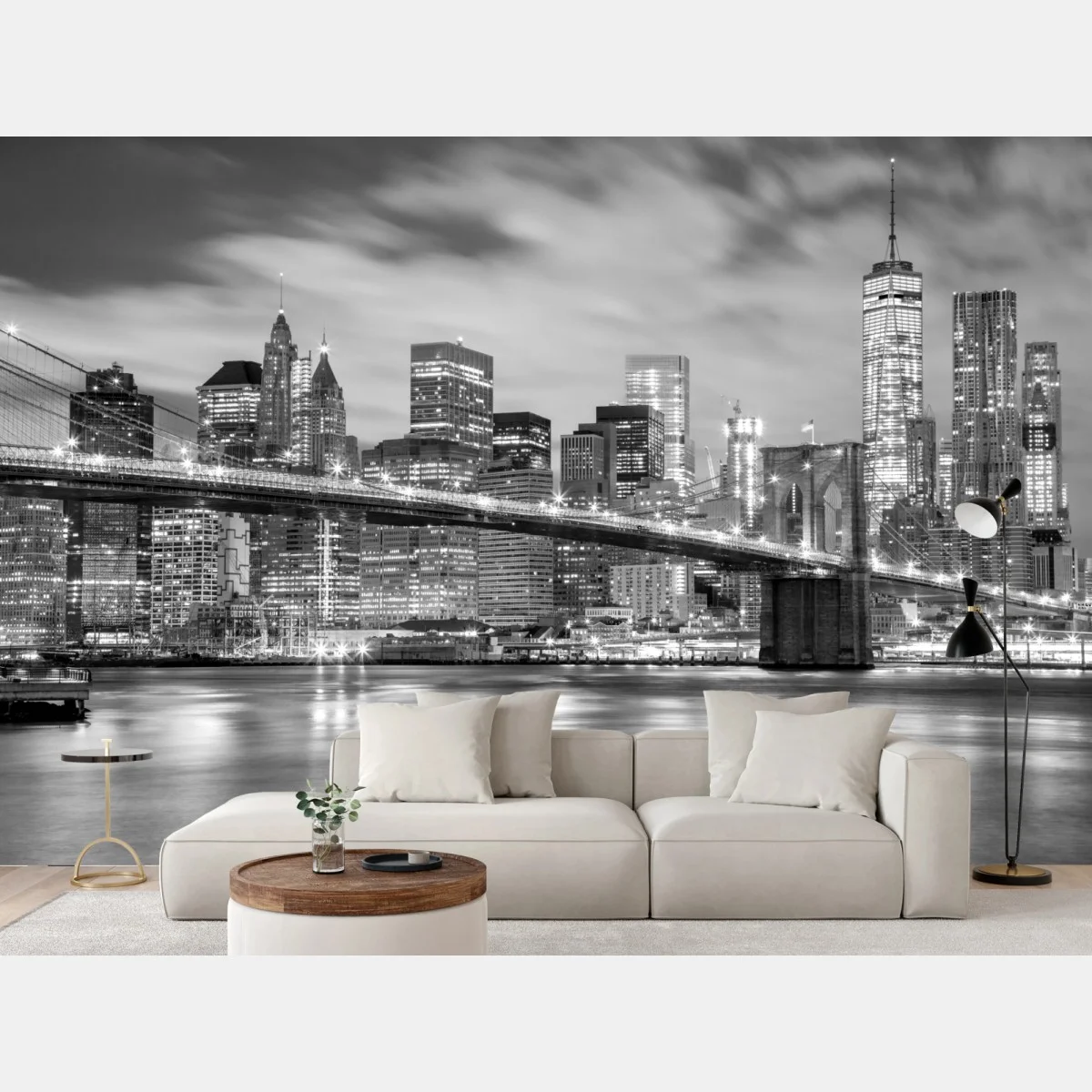 Papier peint panorama nocturne de New York et du pont de Brooklyn en noir et blanc – Wallnifity® Papier peint panorama nocturne de New York et du pont de Brooklyn en noir et blanc – Wallnifity®