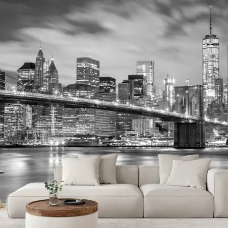 Papier peint panorama nocturne de New York et du pont de Brooklyn en noir et blanc – Wallnifity®