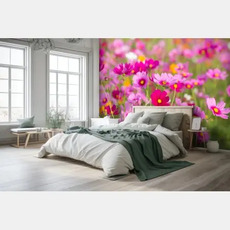 Papier peint champ de cosmos roses en fleurs – Wallnifity®