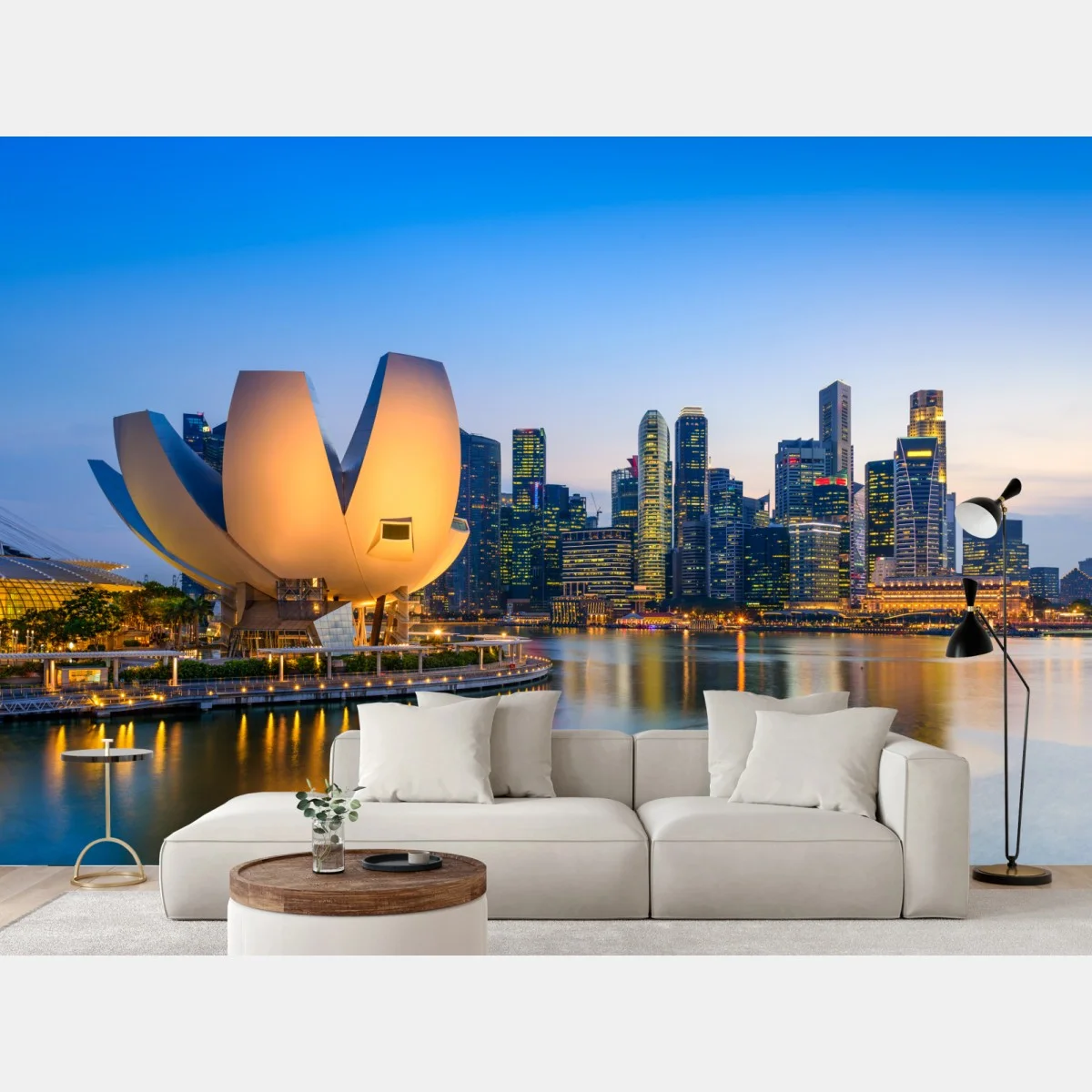 Papier peint panorama crépusculaire de Marina Bay, Singapour – Wallnifity® Papier peint panorama crépusculaire de Marina Bay, Singapour – Wallnifity®