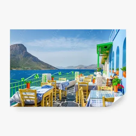 Papier peint terrasse en bord de mer aux couleurs vives – Wallnifity®