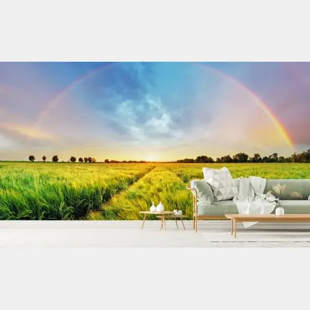 Papier peint paysage champêtre avec arc-en-ciel au coucher du soleil – Wallnifity®