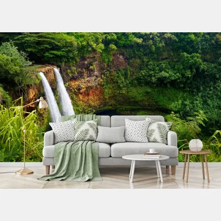 Papier peint cascade double dans une forêt luxuriante – Wallnifity®
