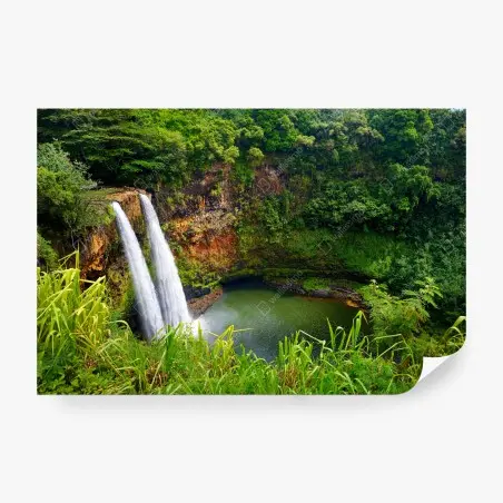 Papier peint cascade double dans une forêt luxuriante – Wallnifity®