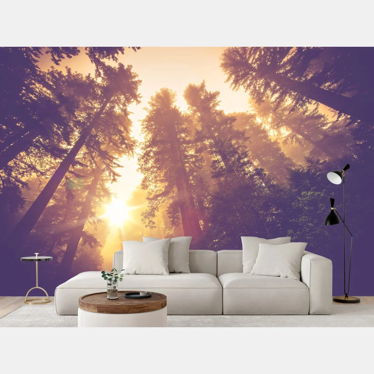 Papier peint forêt brumeuse aux rayons dorés – Wallnifity® Papier peint forêt brumeuse aux rayons dorés – Wallnifity®