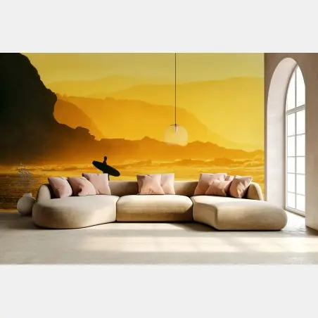 Papier peint silhouette de surfeur au coucher de soleil doré – Wallnifity®