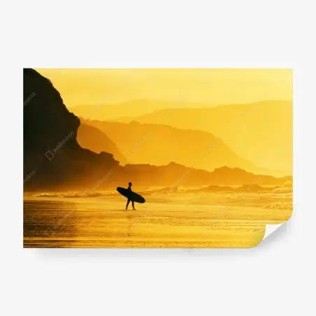 Papier peint silhouette de surfeur au coucher de soleil doré – Wallnifity®