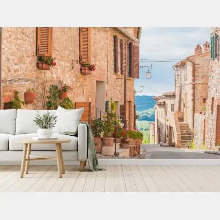 Papier peint ruelle fleurie de la vieille ville de Toscane – Wallnifity®