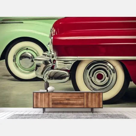 Papier peint détails chromés de voitures vintage rouge et vert – Wallnifity®