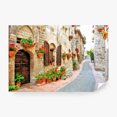 Papier peint ruelle fleurie dans un village en pierre – Wallnifity®