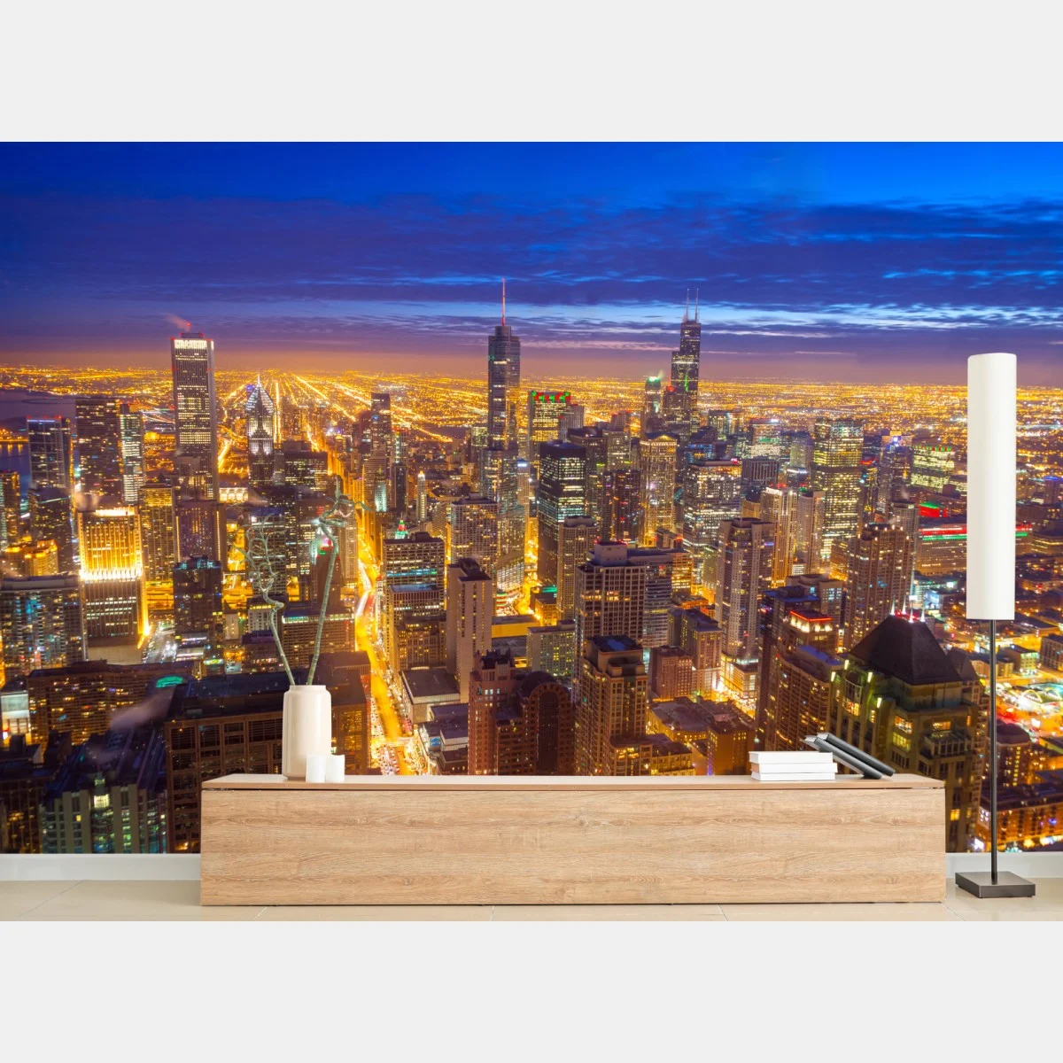 Papier peint vue nocturne de Chicago illuminée – Wallnifity® Papier peint vue nocturne de Chicago illuminée – Wallnifity®