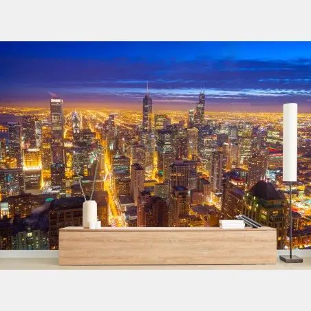 Papier peint vue nocturne de Chicago illuminée – Wallnifity®