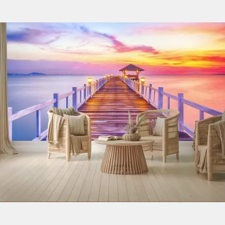 Papier peint ponton au coucher de soleil vers l'horizon – Wallnifity®