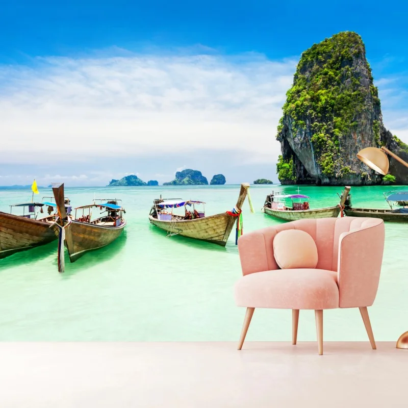 Papier peint évasion tropicale : bateaux traditionnels sur eau turquoise – Wallnifity® Papier peint évasion tropicale : bateaux traditionnels sur eau turquoise – Wallnifity®